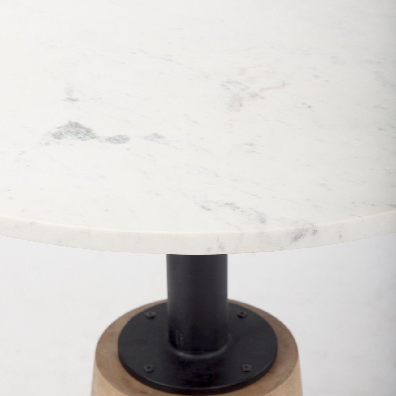 Maxwell 32" Round White Marble Tabletop w/ Blonde Wood & Black Metal Accent Pedestal Bistro Table