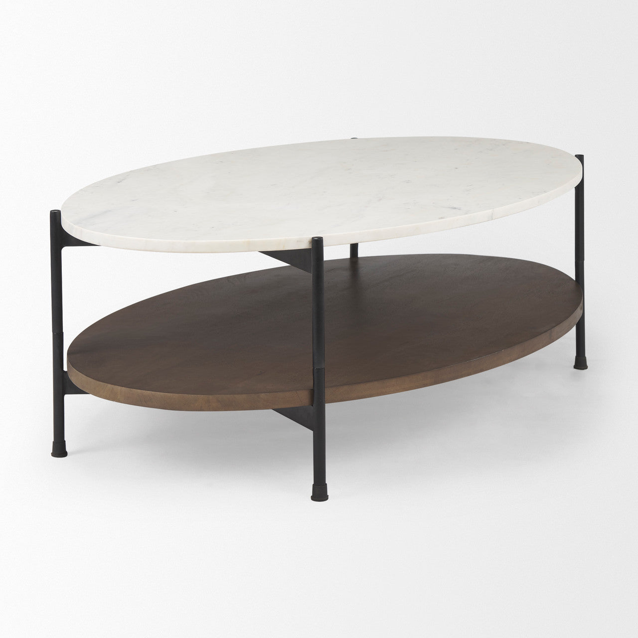 Larkin White Marble Top w/ Dark Brown Wood Shelf Oval Coffee Table
