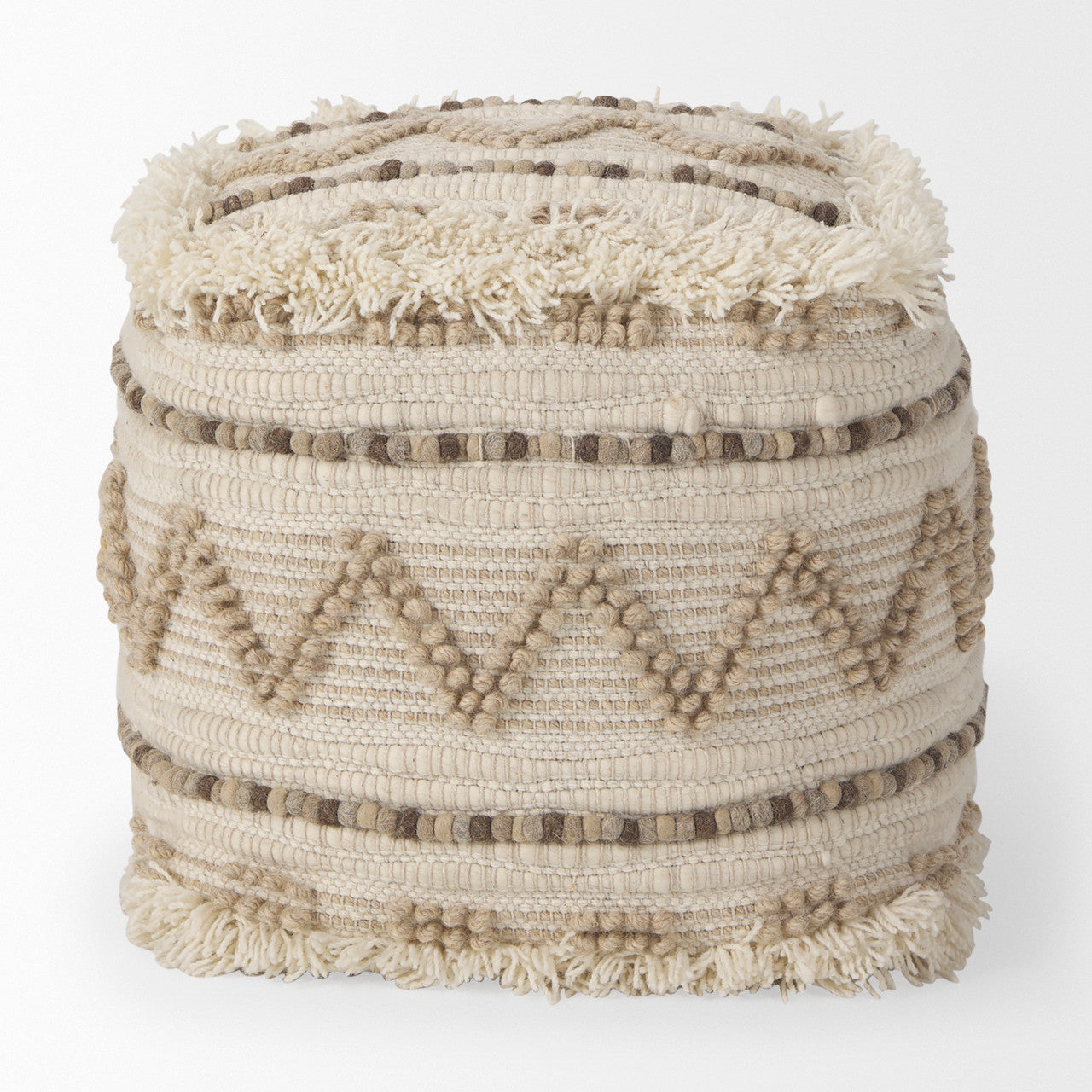 Caela Beige/Brown Wool, Cotton and Felt Popcorn Stitch Square Pouf