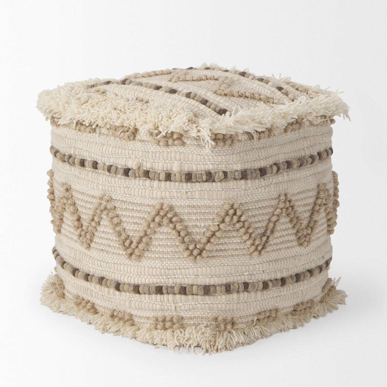 Caela Beige/Brown Wool, Cotton and Felt Popcorn Stitch Square Pouf
