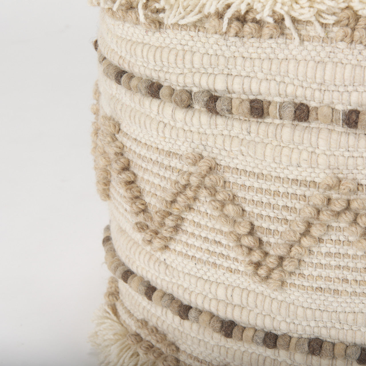 Caela Beige/Brown Wool, Cotton and Felt Popcorn Stitch Square Pouf