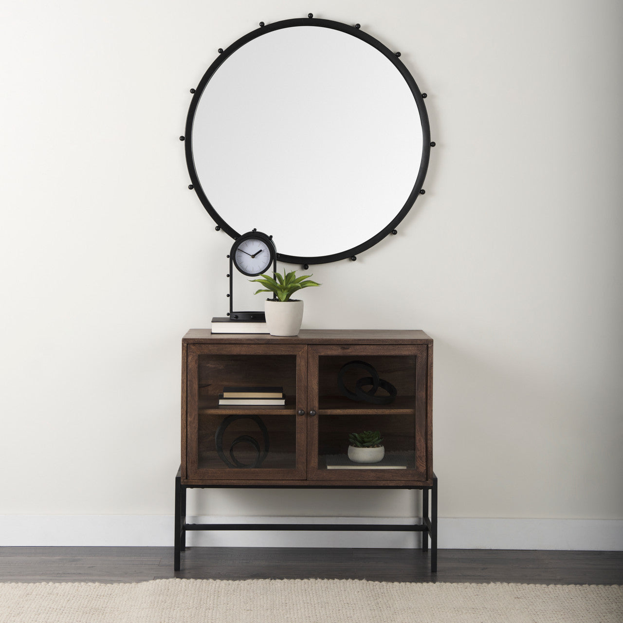 Arelius 36L x 18W x 32H Medium Brown Wood, Black Metal Base w/ 2 Glass Doors Accent Cabinet