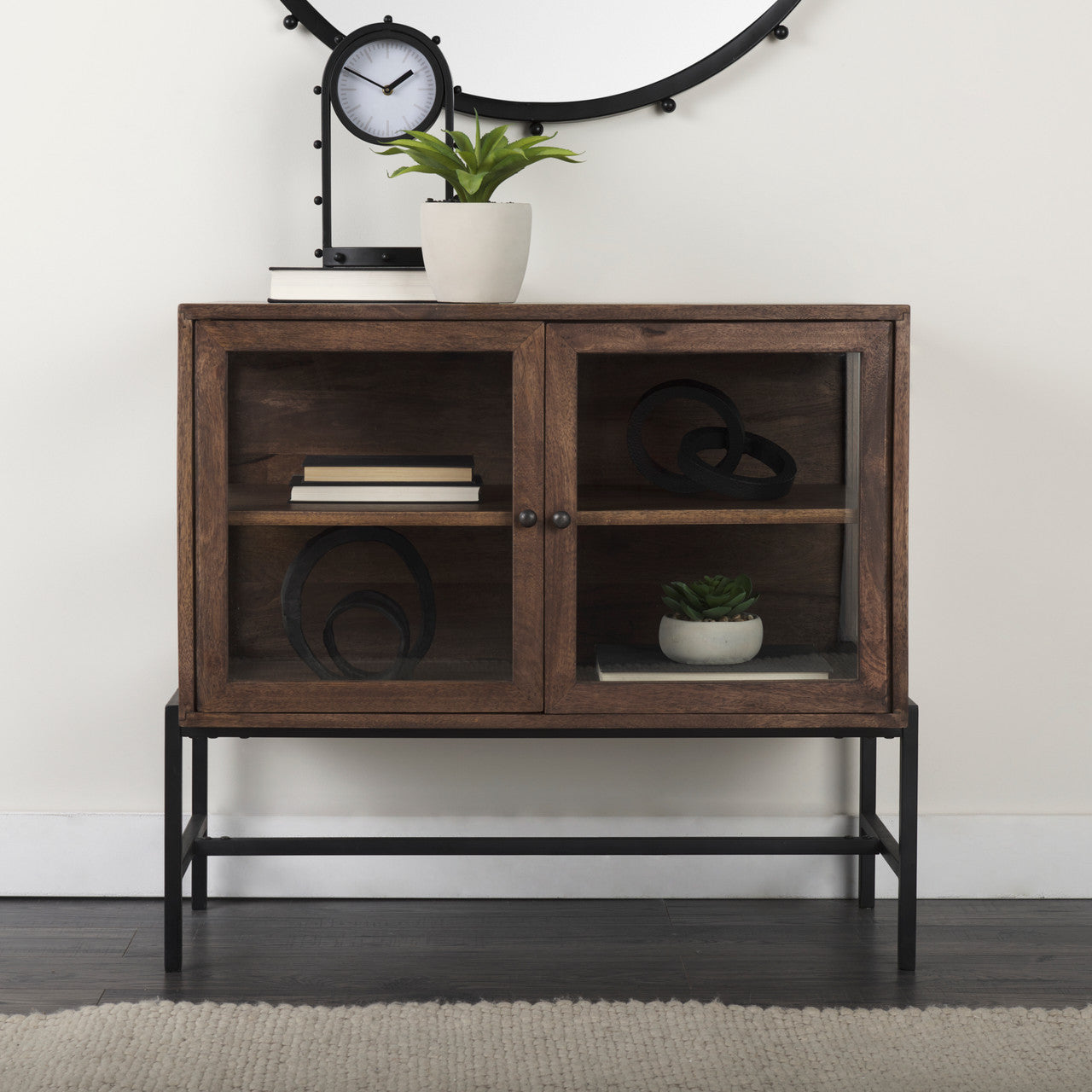 Arelius 36L x 18W x 32H Medium Brown Wood, Black Metal Base w/ 2 Glass Doors Accent Cabinet