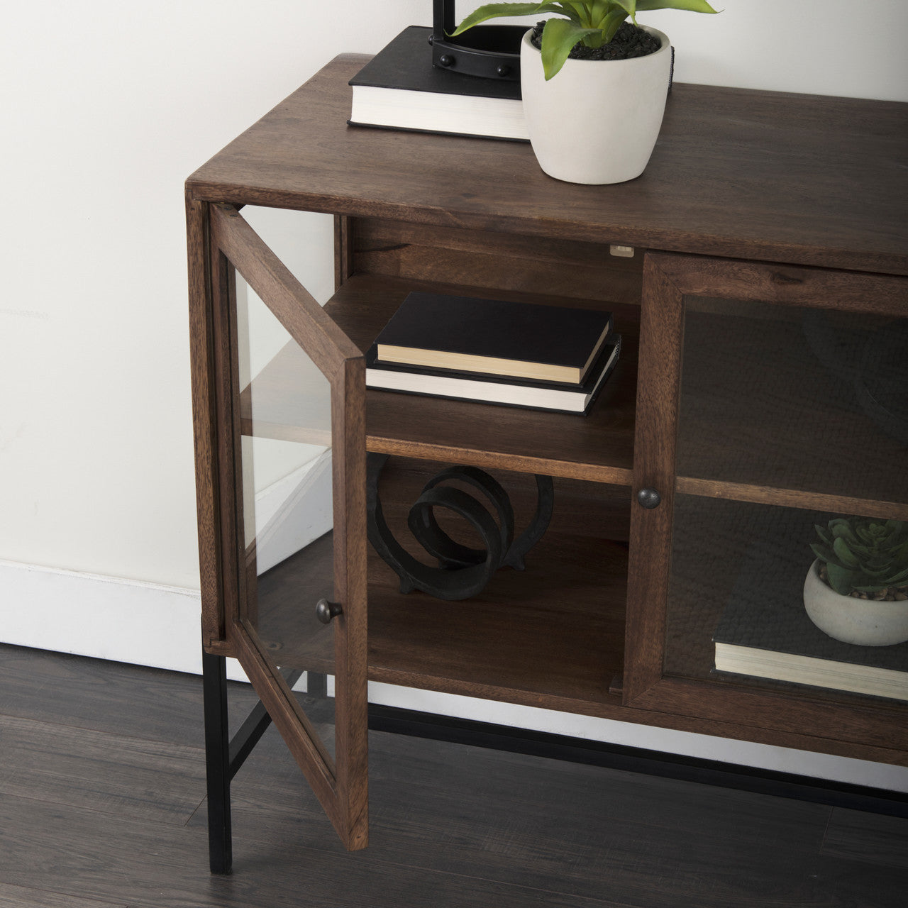 Arelius 36L x 18W x 32H Medium Brown Wood, Black Metal Base w/ 2 Glass Doors Accent Cabinet