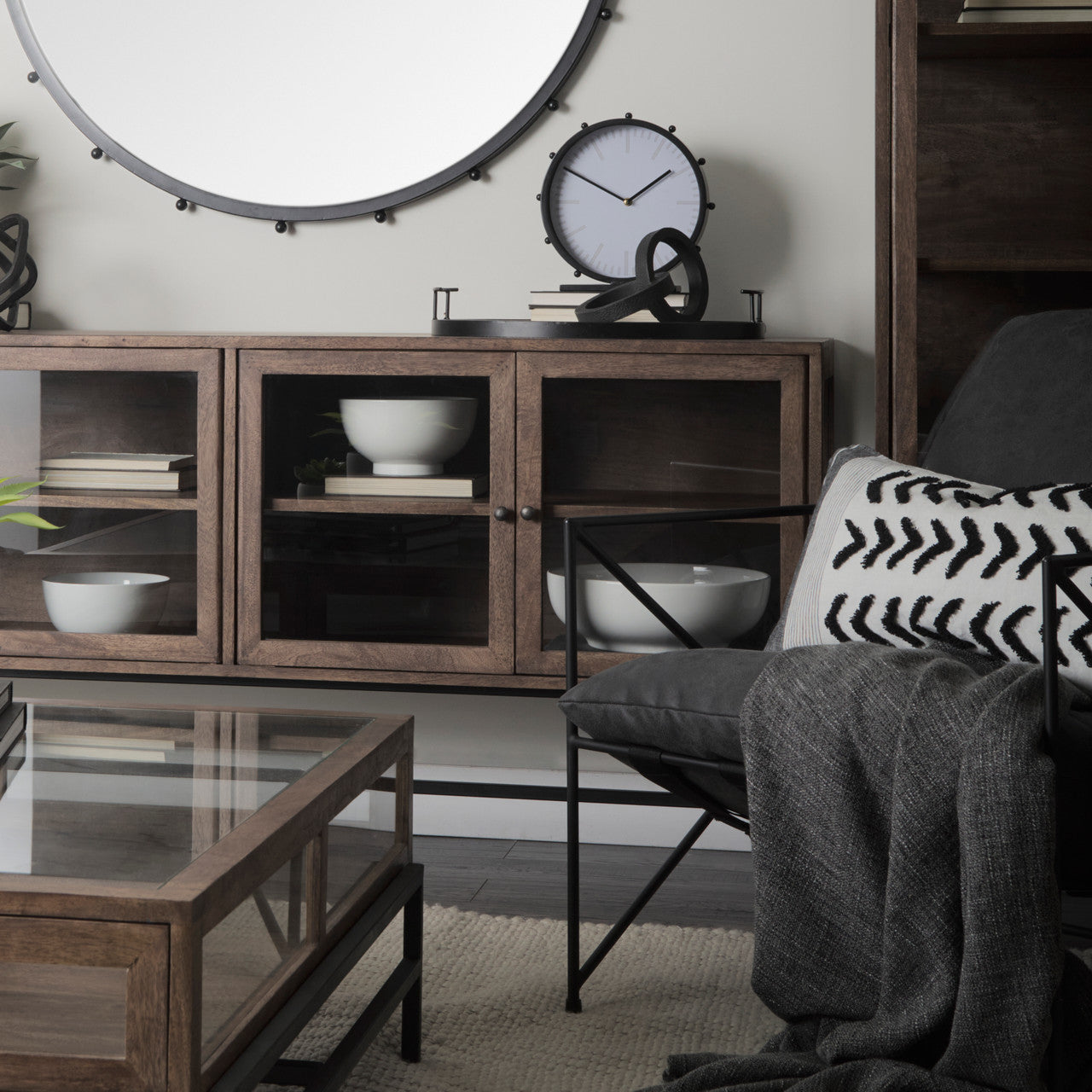 Arelius 70L x 18W x 32H Medium Brown, Black Metal Base w/ 4 Glass Door Cabinets Sideboard