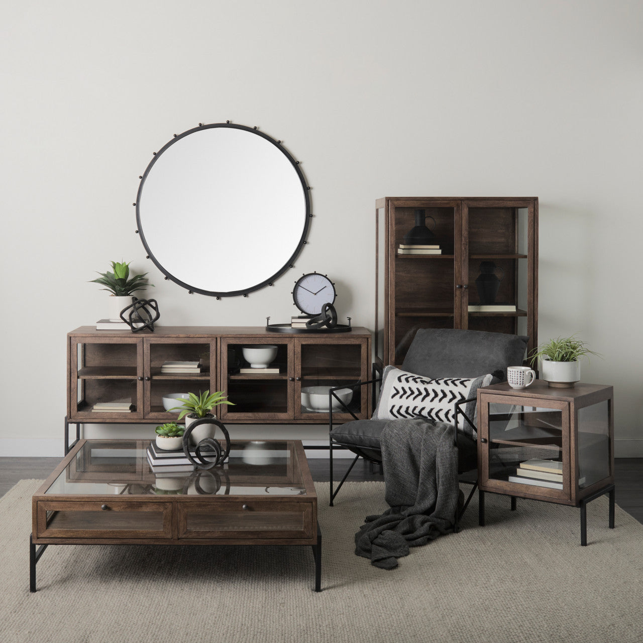 Arelius 36L x 18W x 63H Medium Brown Wood W/ Black Metal Base Display Cabinet