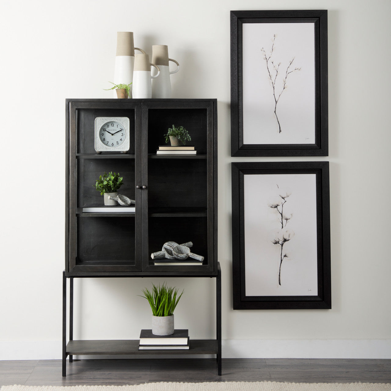 Arelius 36L x 18W x 63H Black-Brown Wood W/ Black Metal Base Display Cabinet