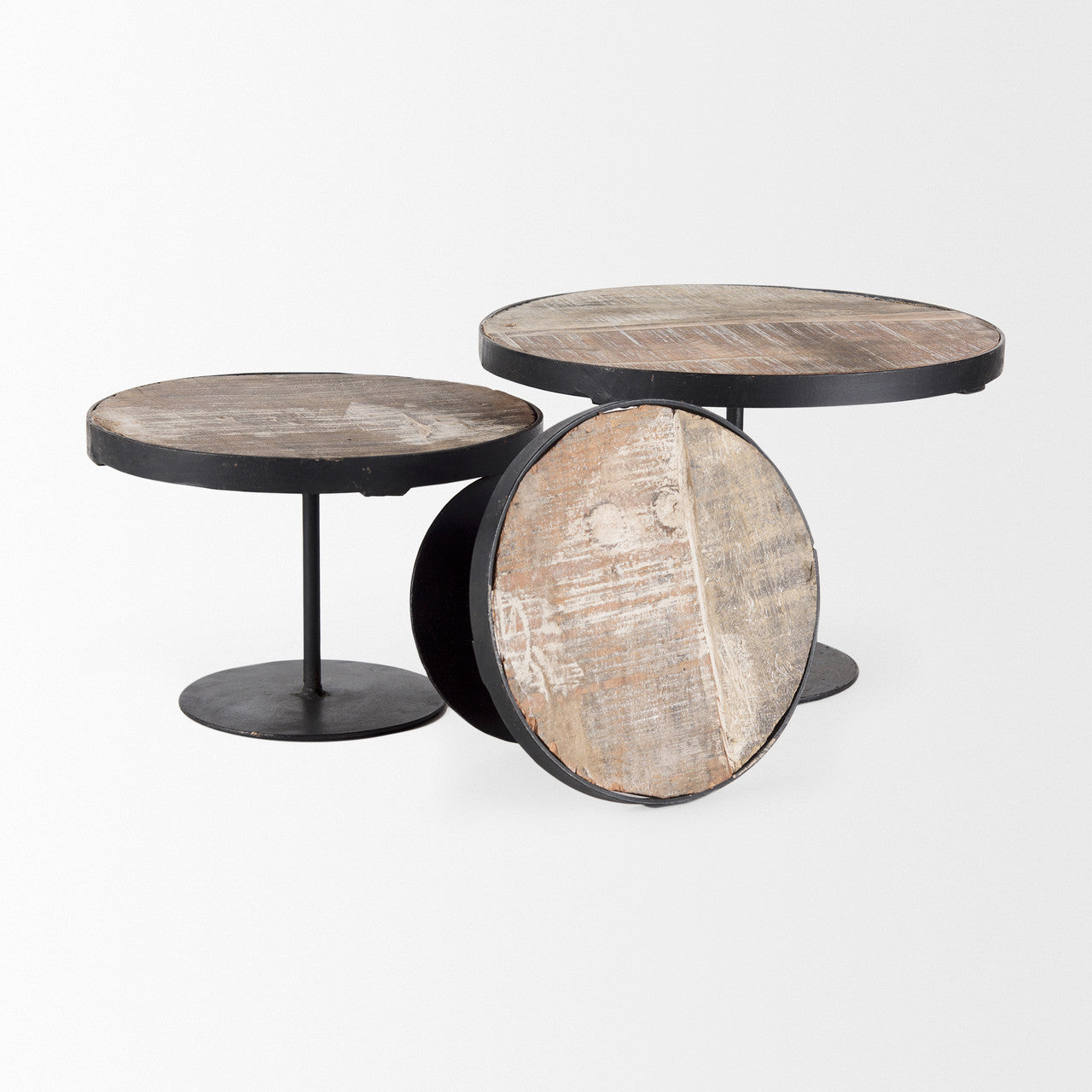 Lorenz (Set of 3) Light Brown Wood W/ Black Metal Base Round Decorative Display Stands
