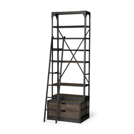 Brodie Brown Wood Gun-Metal Bracing Four Shelf Shelving Unit