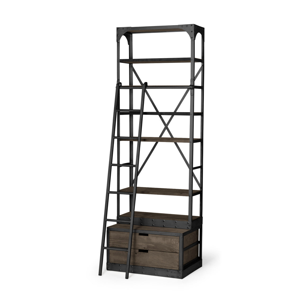 Brodie VII 32L x 22W x 94H Brown Wood Gun-Metal Bracing Four Shelf Shelving Unit