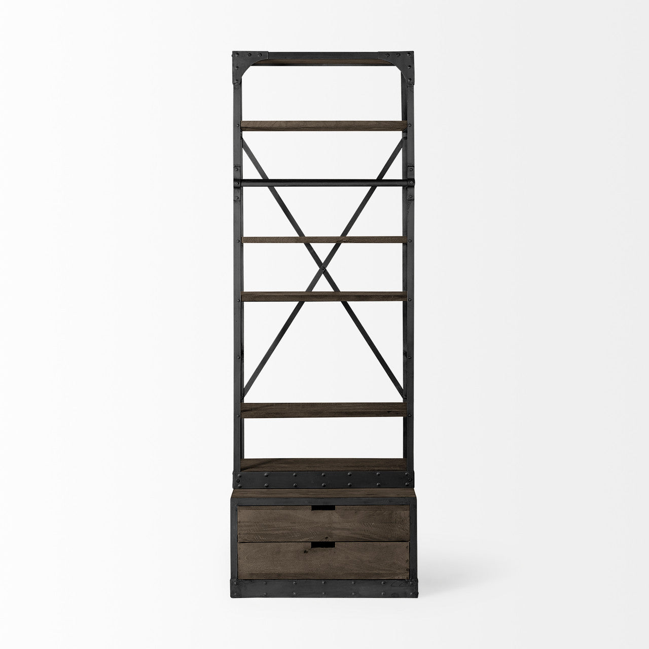 Brodie VII 32L x 22W x 94H Brown Wood Gun-Metal Bracing Four Shelf Shelving Unit