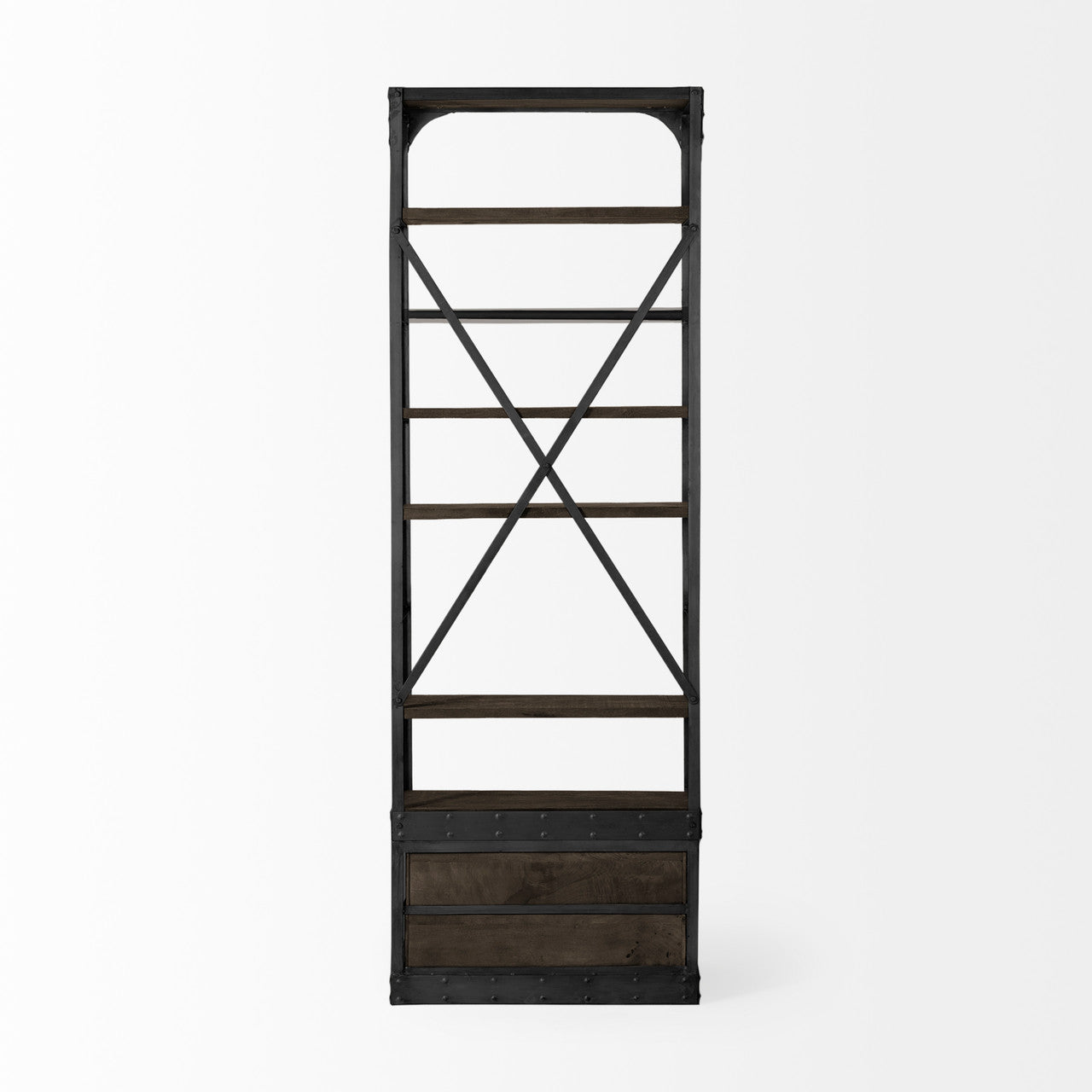 Brodie VII 32L x 22W x 94H Brown Wood Gun-Metal Bracing Four Shelf Shelving Unit