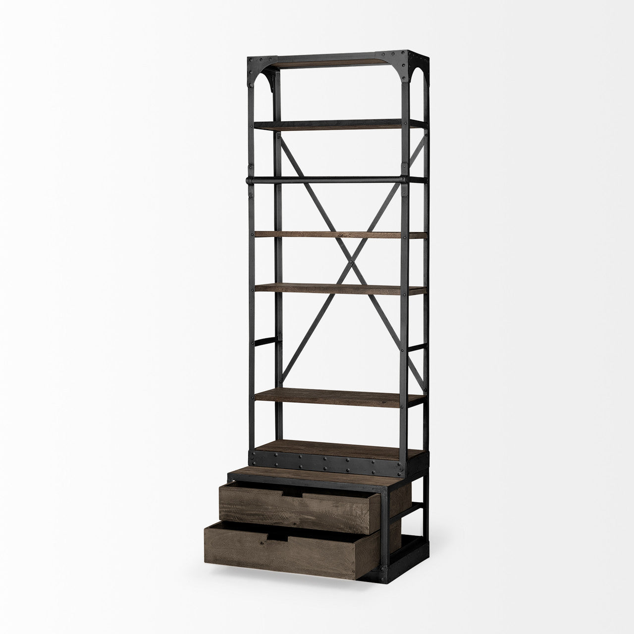 Brodie VII 32L x 22W x 94H Brown Wood Gun-Metal Bracing Four Shelf Shelving Unit