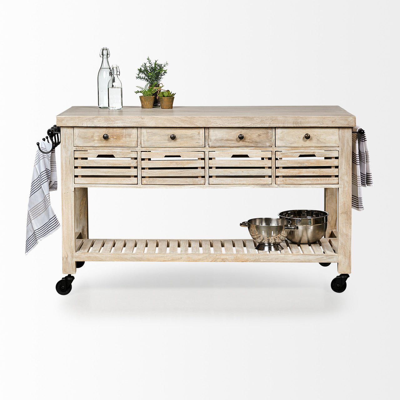 Columbia 62L x 28W x 36H I Light Brown Body w/ Black Iron Knobs Rolling Kitchen Island