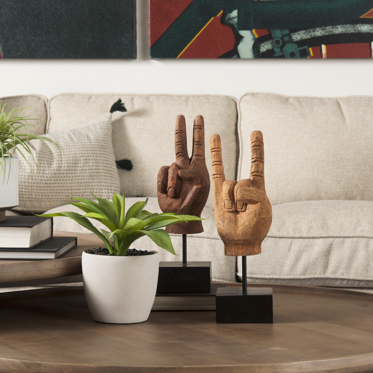 Saxum 4L x 4W Natural Wooden Carved Hang Loose Hand