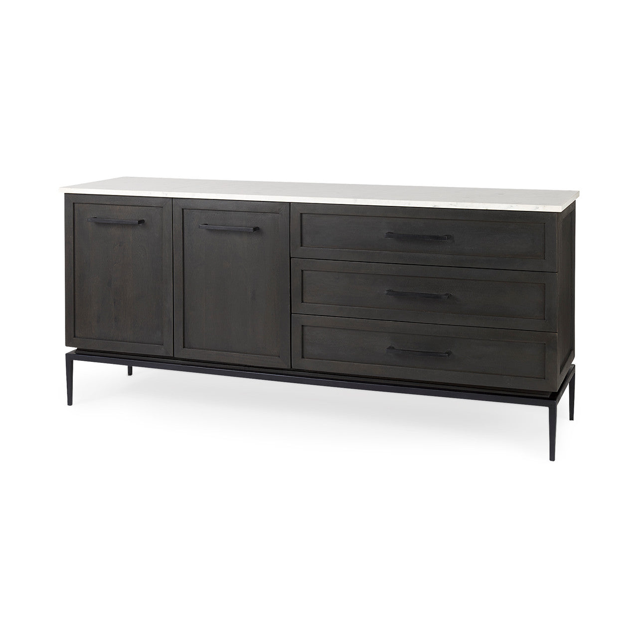 Divina Black-Brown Wood w/ White Marble Top and Black Metal Base Sideboard