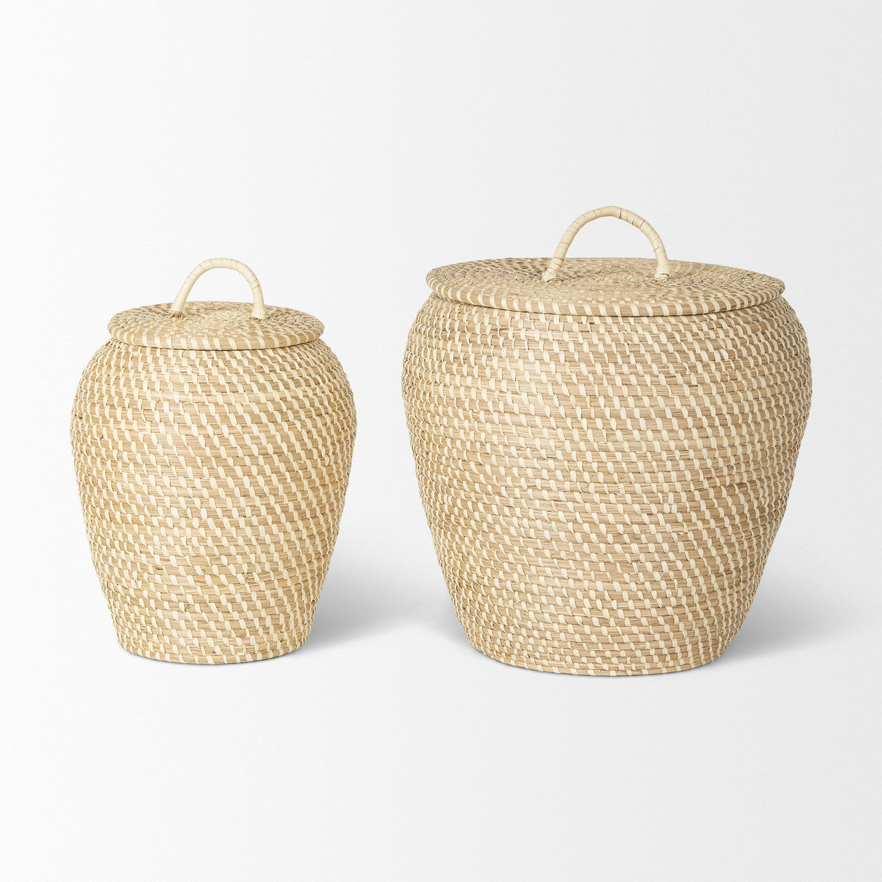 Kalopa Set of 2 Seagrass Floor Baskets w/ Flat Handled Lid