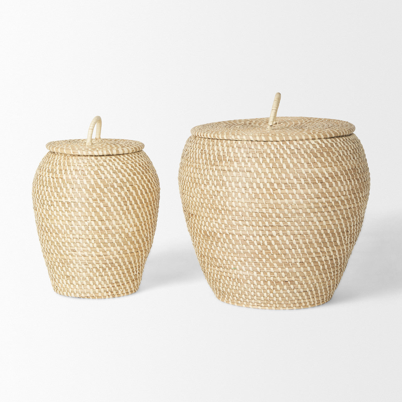 Kalopa Set of 2 Seagrass Floor Baskets w/ Flat Handled Lid