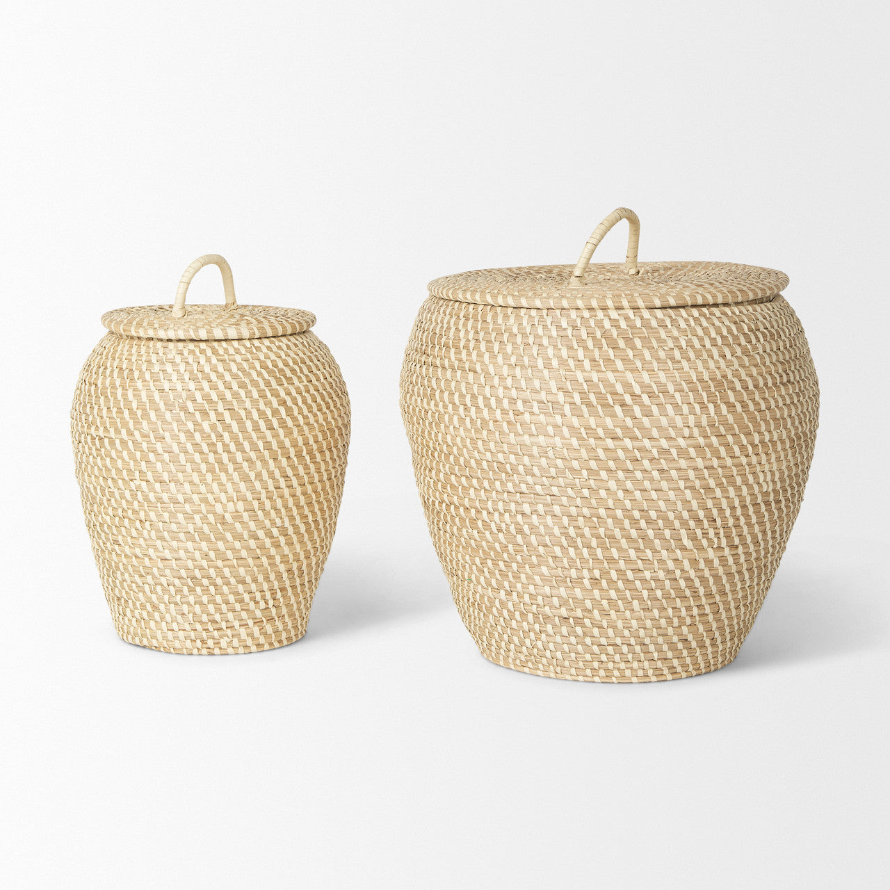 Kalopa Set of 2 Seagrass Floor Baskets w/ Flat Handled Lid