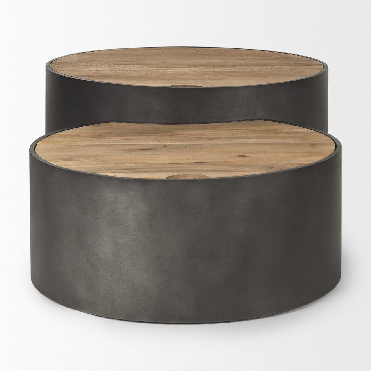 Eclipse Gunmetal Gray Drum Base w/ Brown Wood Top Nested Coffee Table