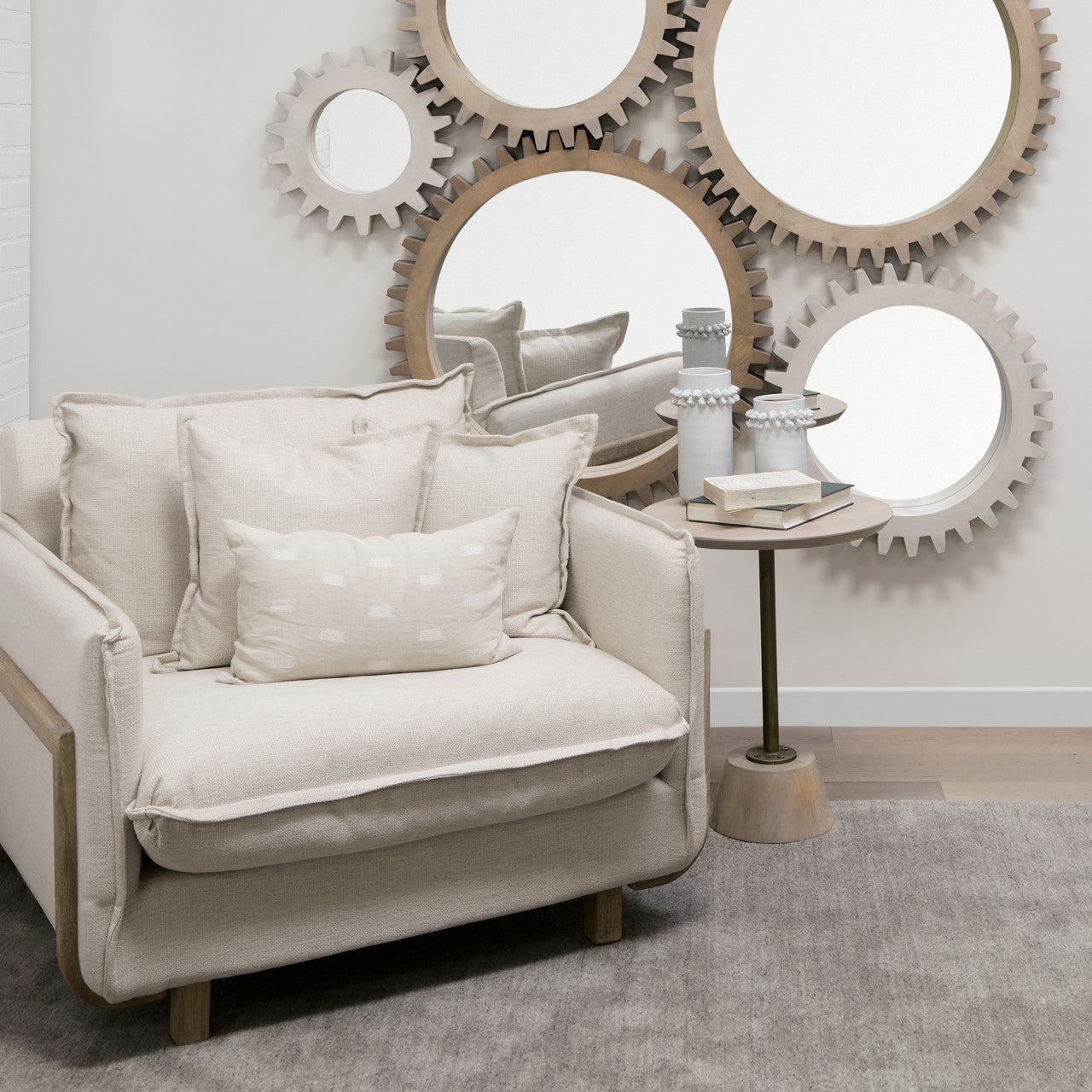 Roy II Beige Upholstered and Brown Wood Frame Arm Chair