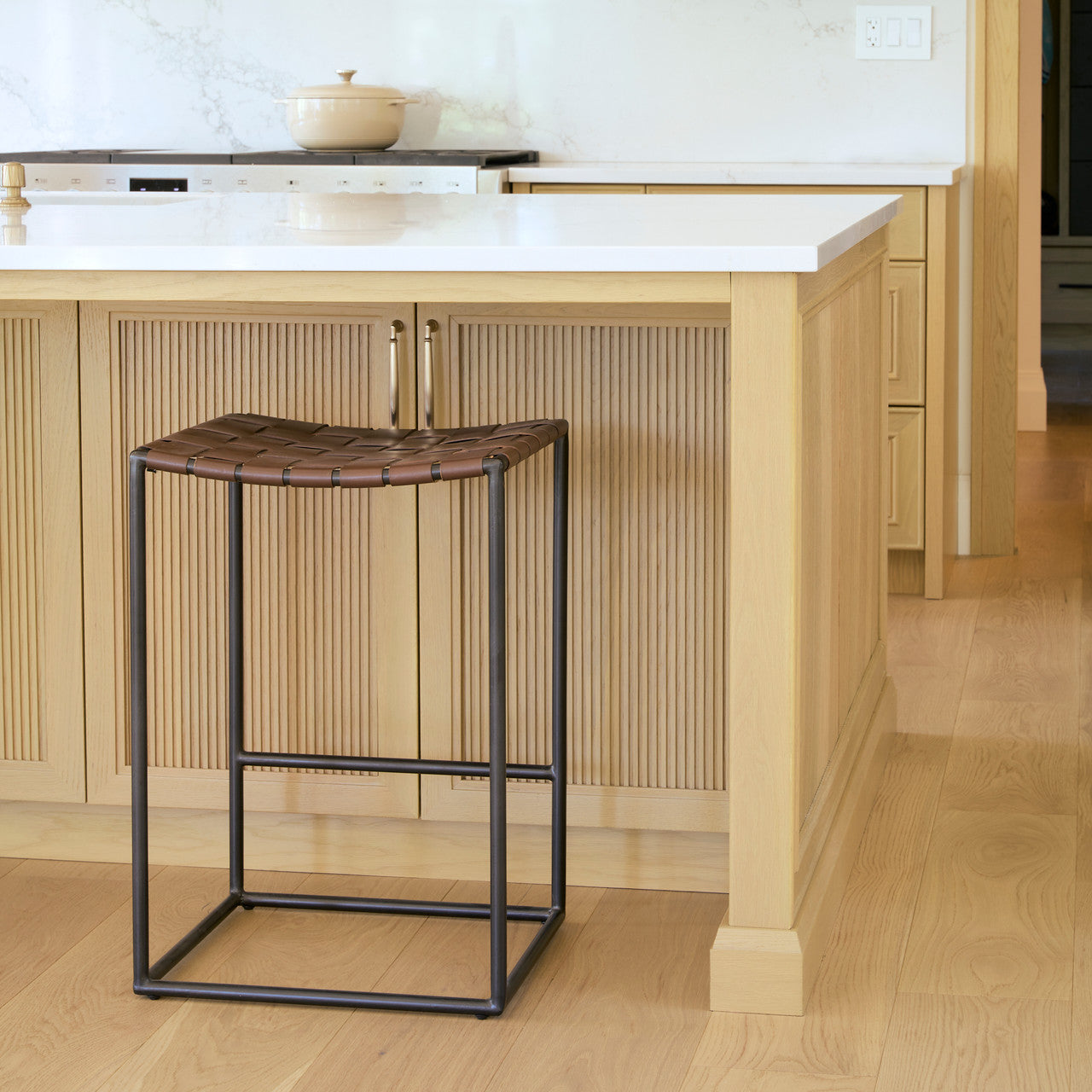 Clarissa 18.0L x 16.0W x 26.25H Dark Brown Woven Leather Seat W/ Black Iron Frame Counter Stool