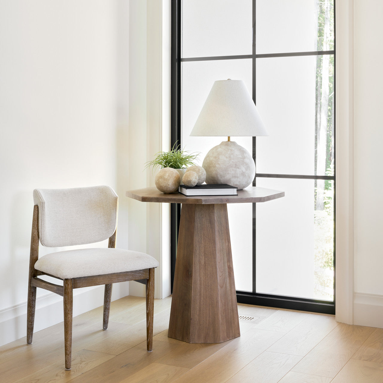Cline Cream Fabric Upholstered and Light Brown Wood Dining Chair