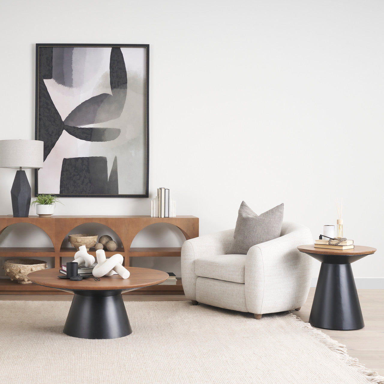 Mitchell 22.0L x 22.0W x 23.0H Black Metal Pedetal Base with Brown Wood Top Side Table