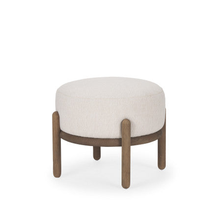 Gwynn Oatmeal Fabric w/ Dark Brown Wood Pouf