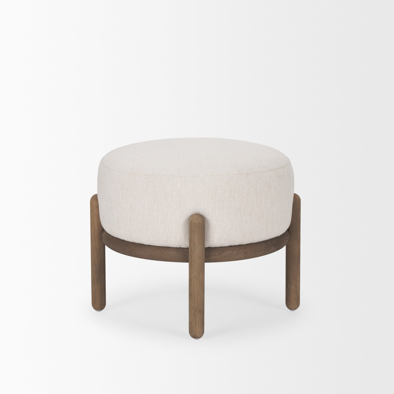 Gwynn Oatmeal Fabric w/ Dark Brown Wood Pouf