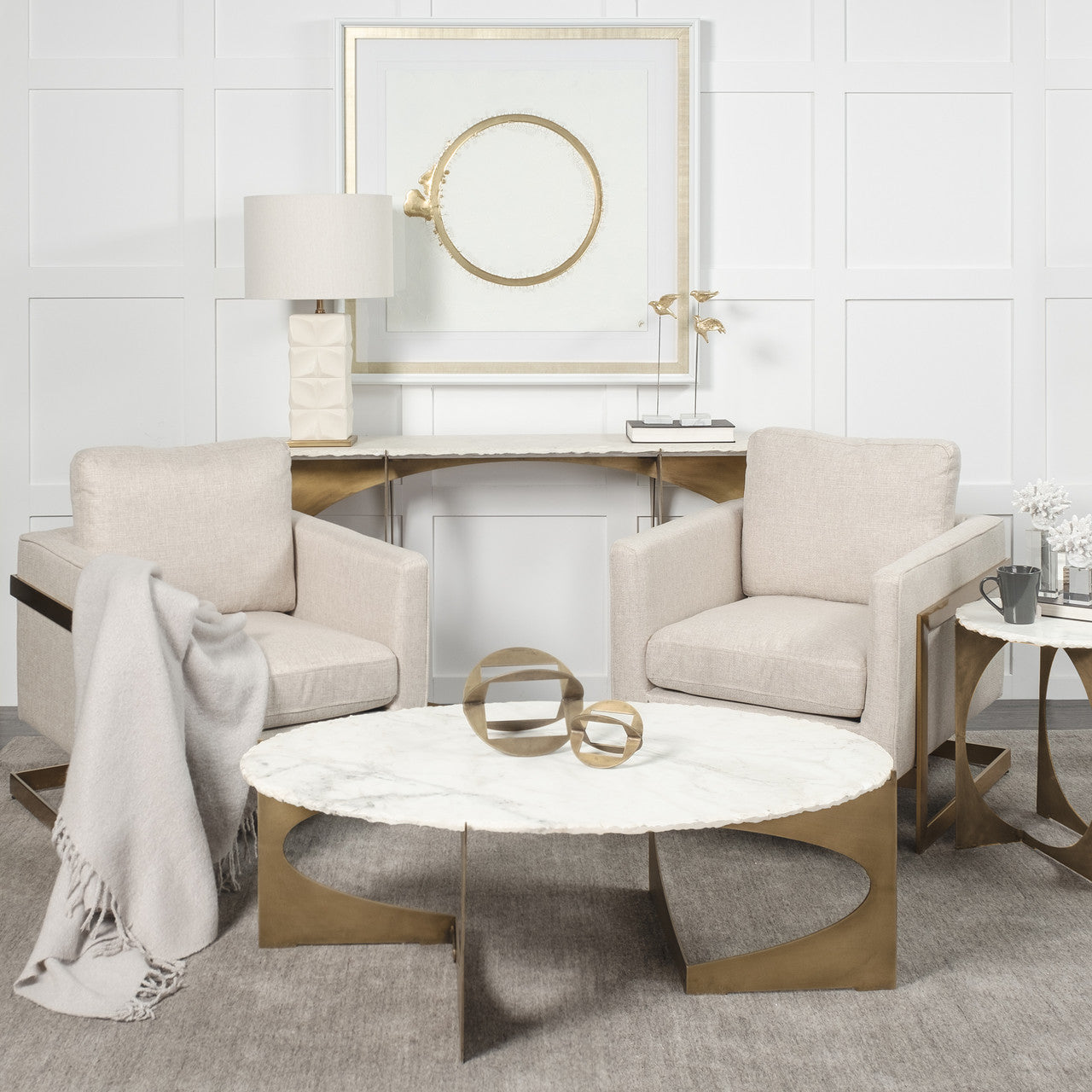 Reinhold 49" Round White Marble Top Gold Metal Base Coffee Table