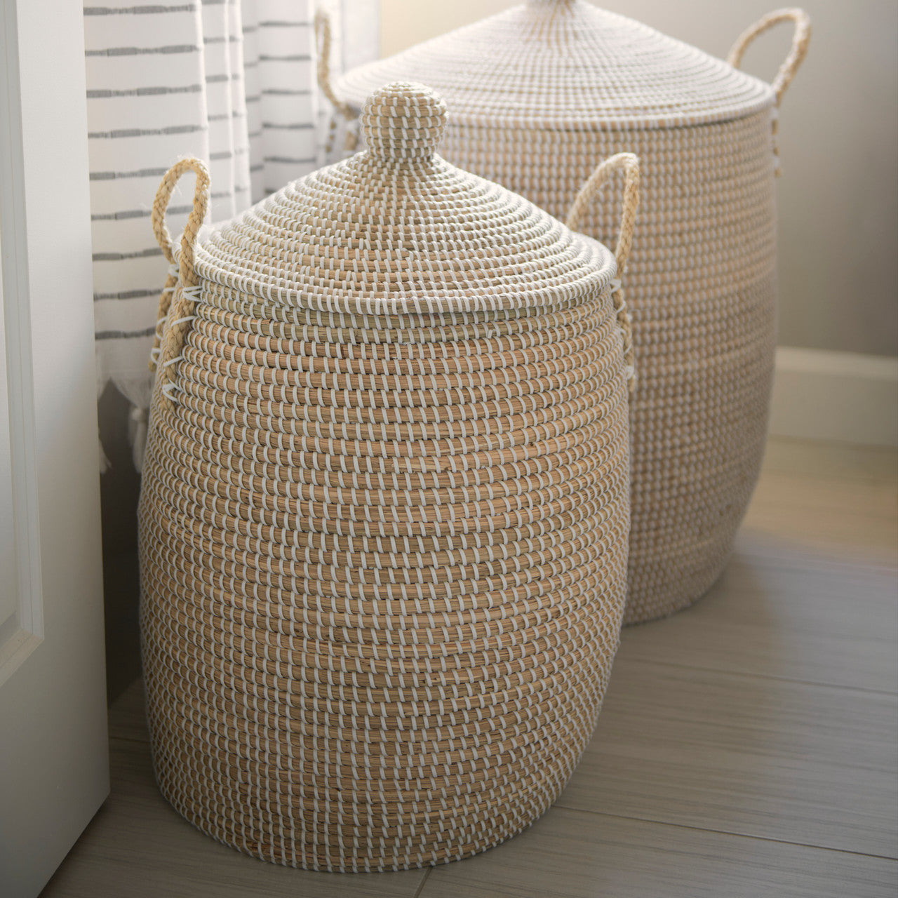 Kairi Set of 2 Seagrass Floor Baskets w/ Lids and Handles