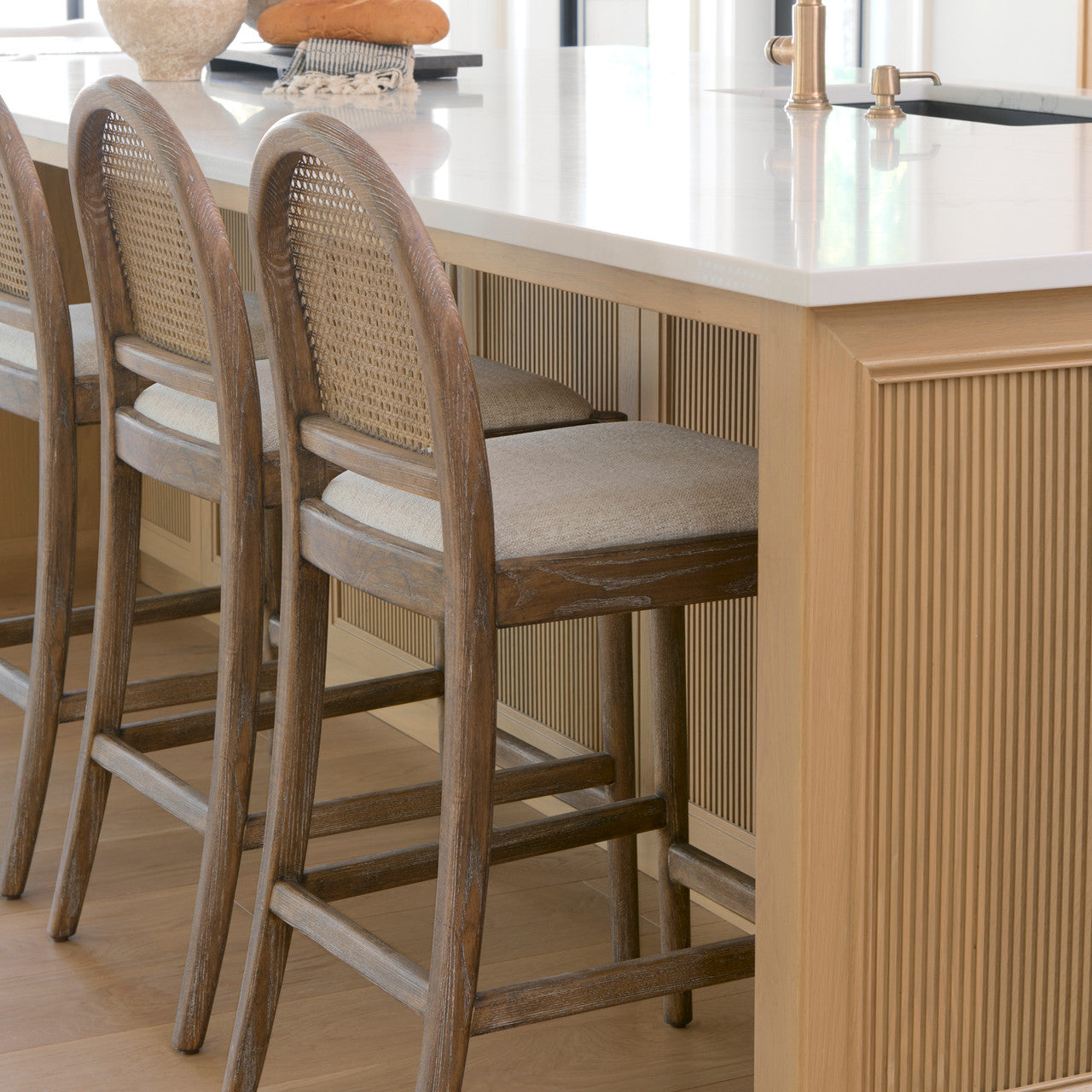 Elle Rounded Caneback Medium Brown Wood W/ Oatmeal Fabric Counter Stool