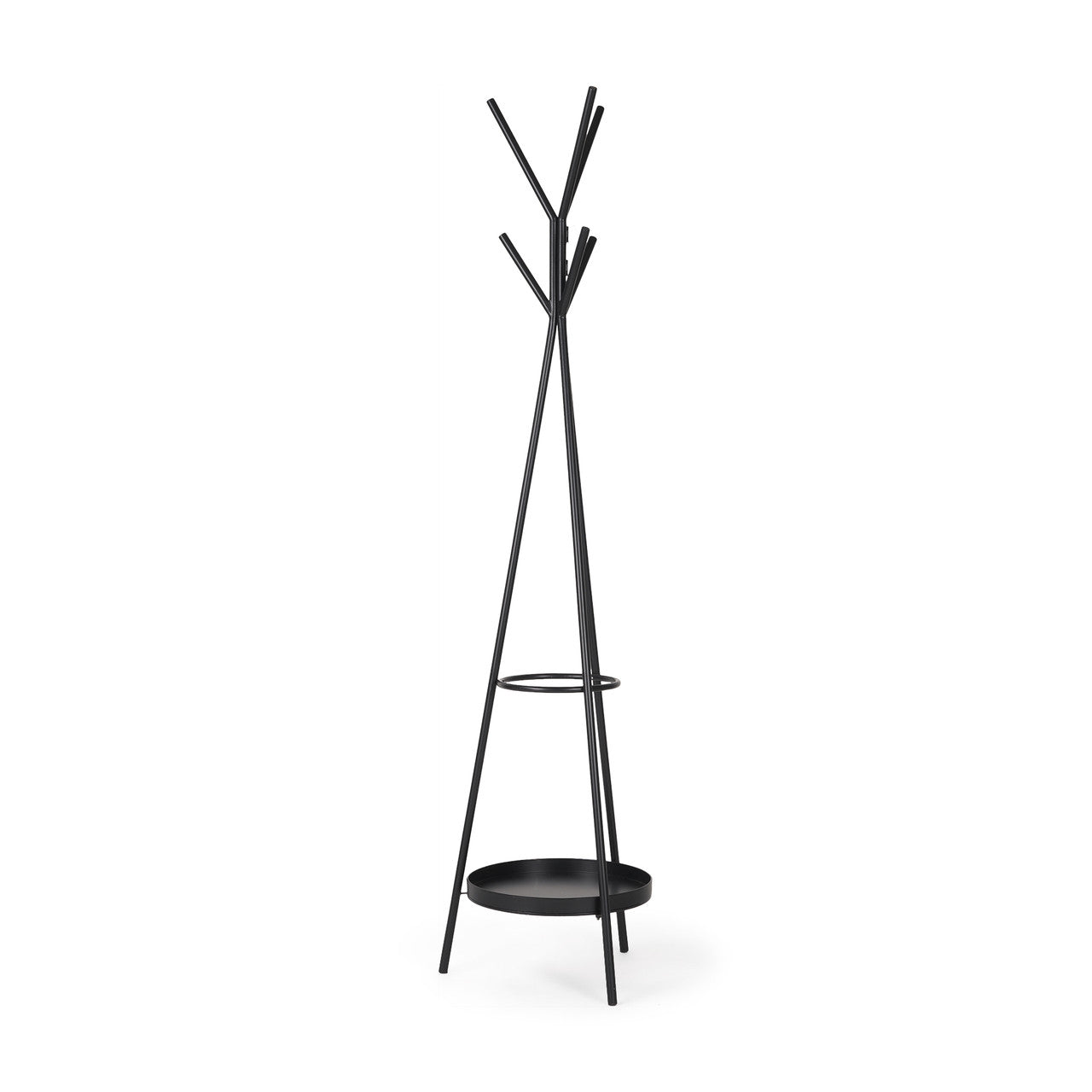 Everett Matte Black Metal w/ Two Metal Shelves Coat Rack