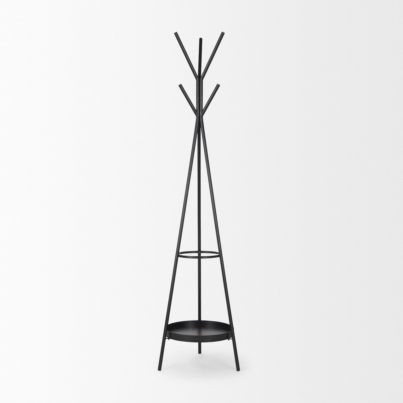 Everett Matte Black Metal w/ Two Metal Shelves Coat Rack
