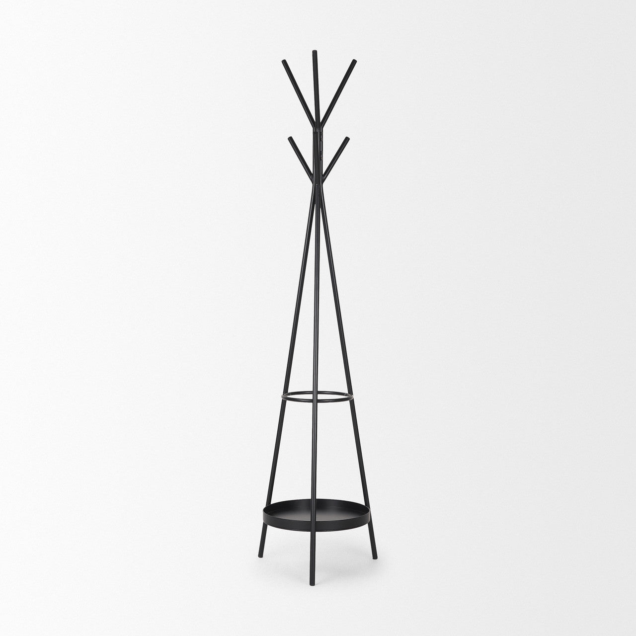 Everett Matte Black Metal w/ Two Metal Shelves Coat Rack