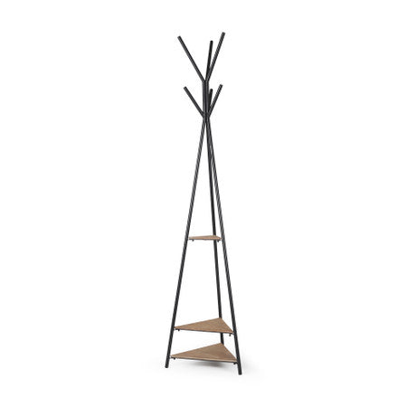 Everett Matte Black Metal w/ Two Wood Shelves Coat Rack