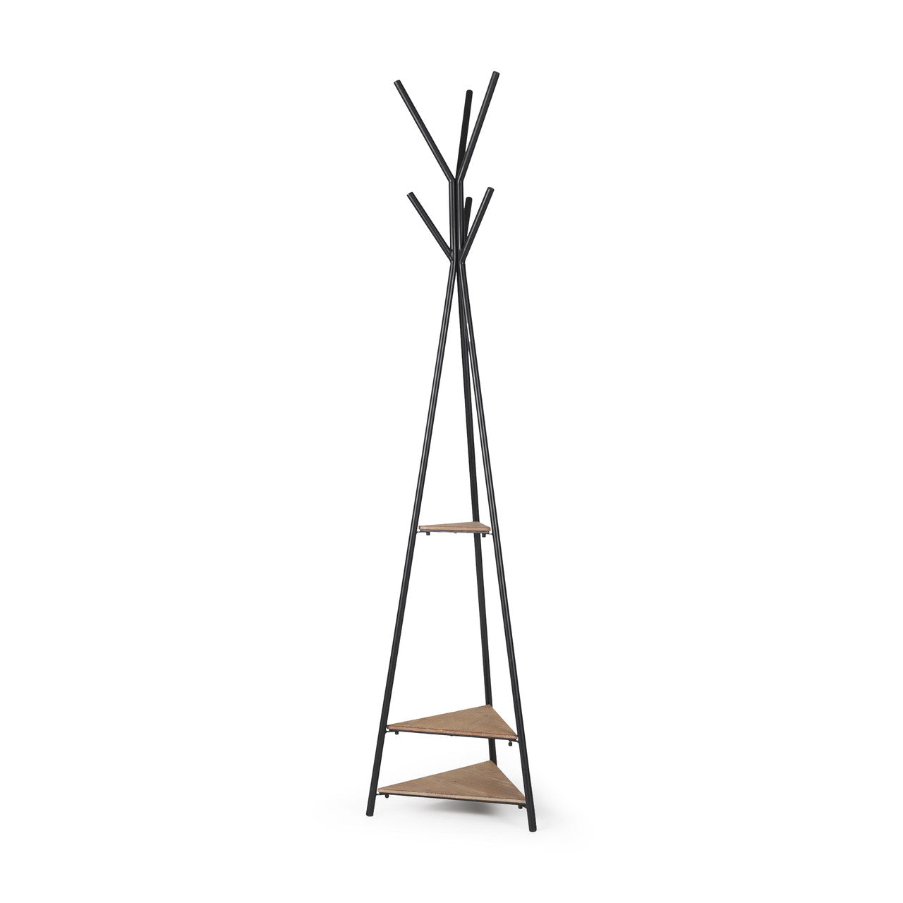 Everett Matte Black Metal w/ Two Wood Shelves Coat Rack