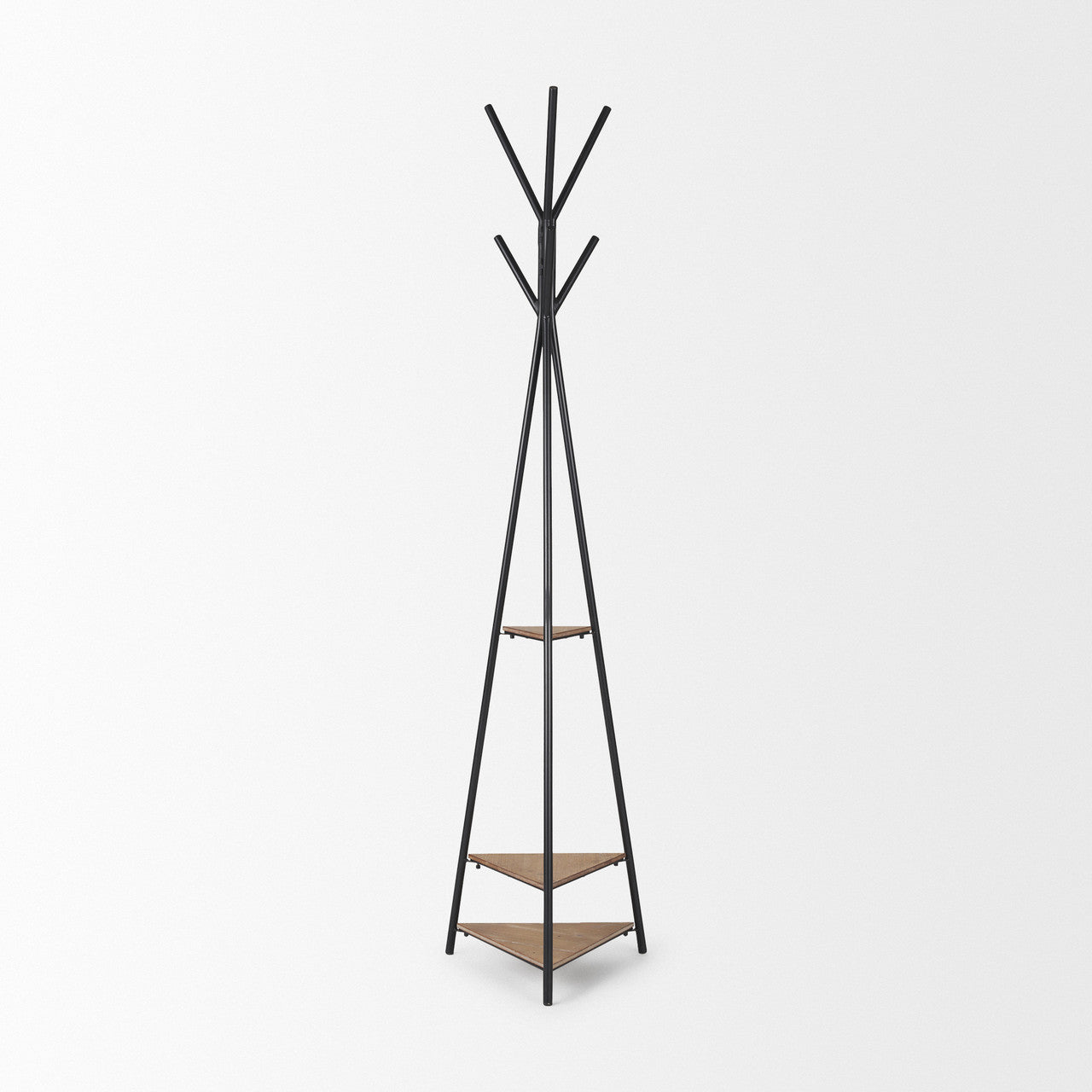 Everett Matte Black Metal w/ Two Wood Shelves Coat Rack