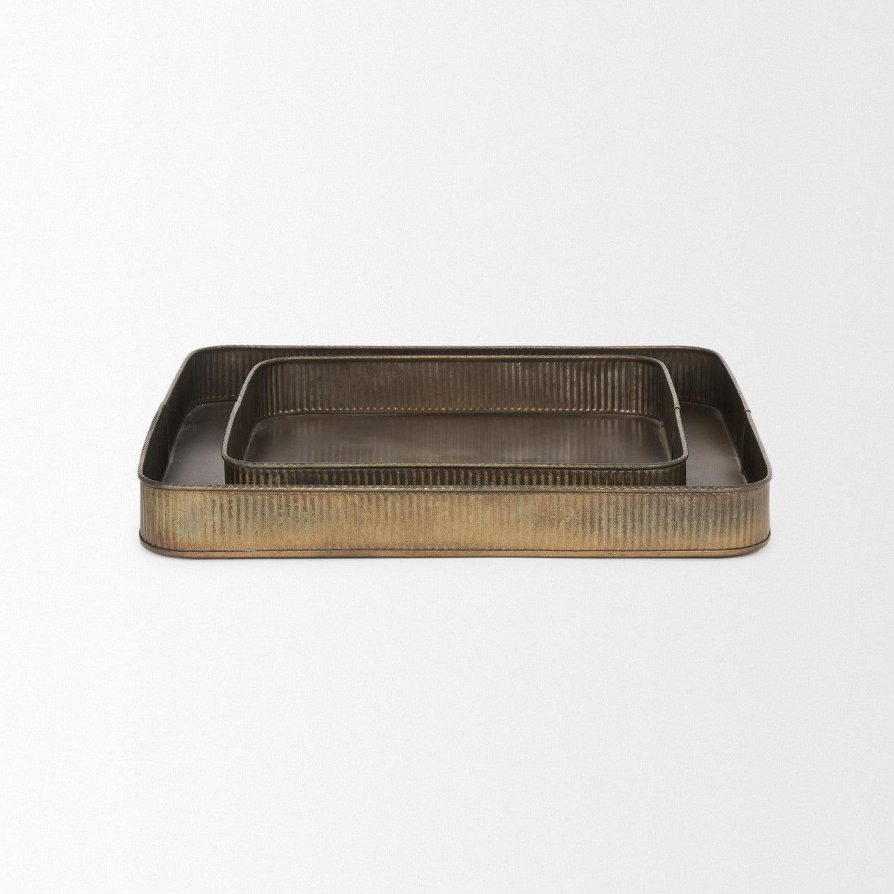 Varun Square Antiqued Brass Metal Tray (Set of 2)