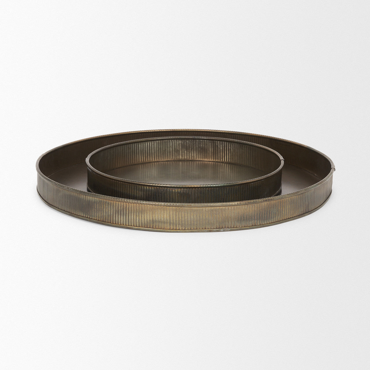 Varun Round Antiqued Brass Metal Tray (Set of 2)