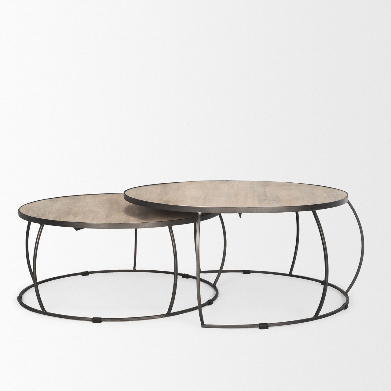 Clapp Round Light Brown W/ White Wash Wood and Silver Metal Nesting Coffee Tables (Set of 2)