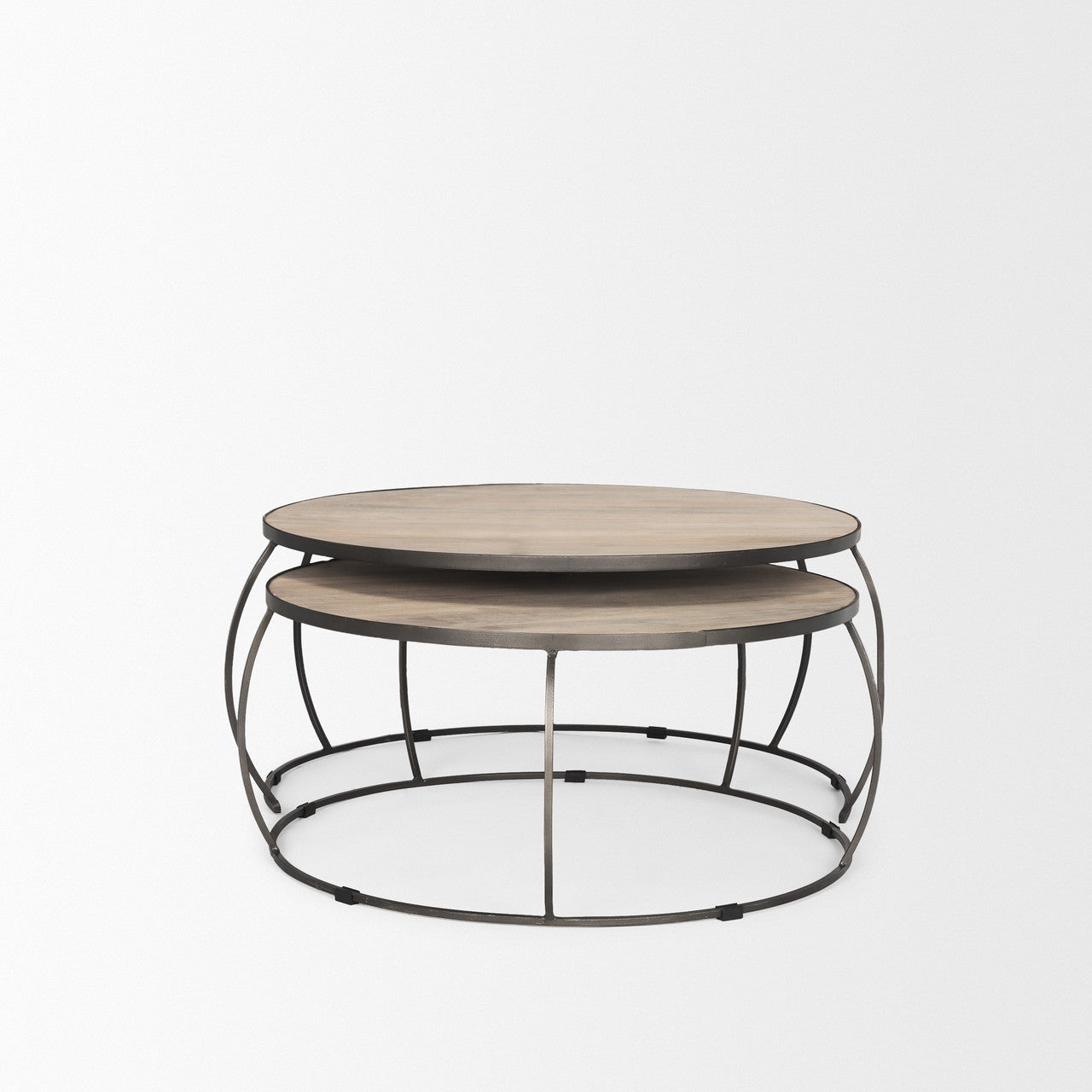 Clapp Round Light Brown W/ White Wash Wood and Silver Metal Nesting Coffee Tables (Set of 2)