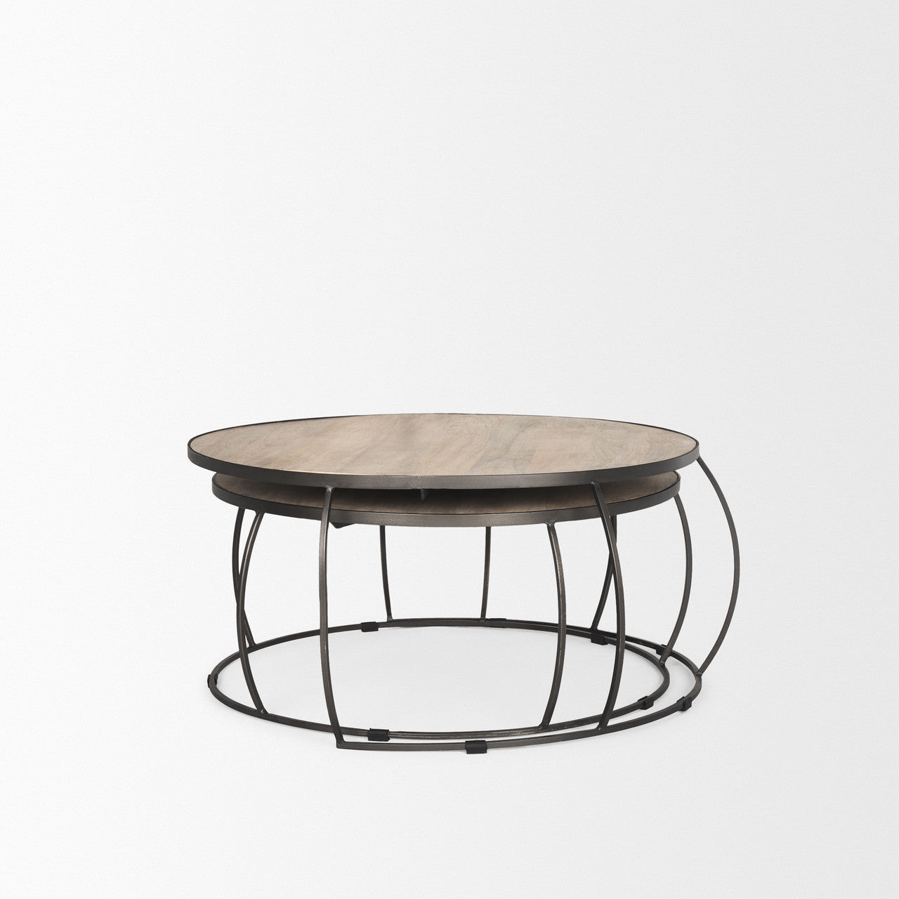 Clapp Round Light Brown W/ White Wash Wood and Silver Metal Nesting Coffee Tables (Set of 2)