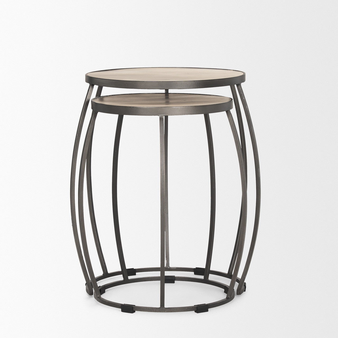 Clapp Round Light Brown W/ White Wash Wood and Silver Metal Nesting Accent Tables (Set of 2)