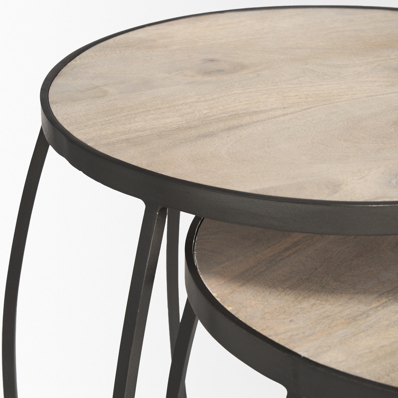 Clapp Round Light Brown W/ White Wash Wood and Silver Metal Nesting Accent Tables (Set of 2)