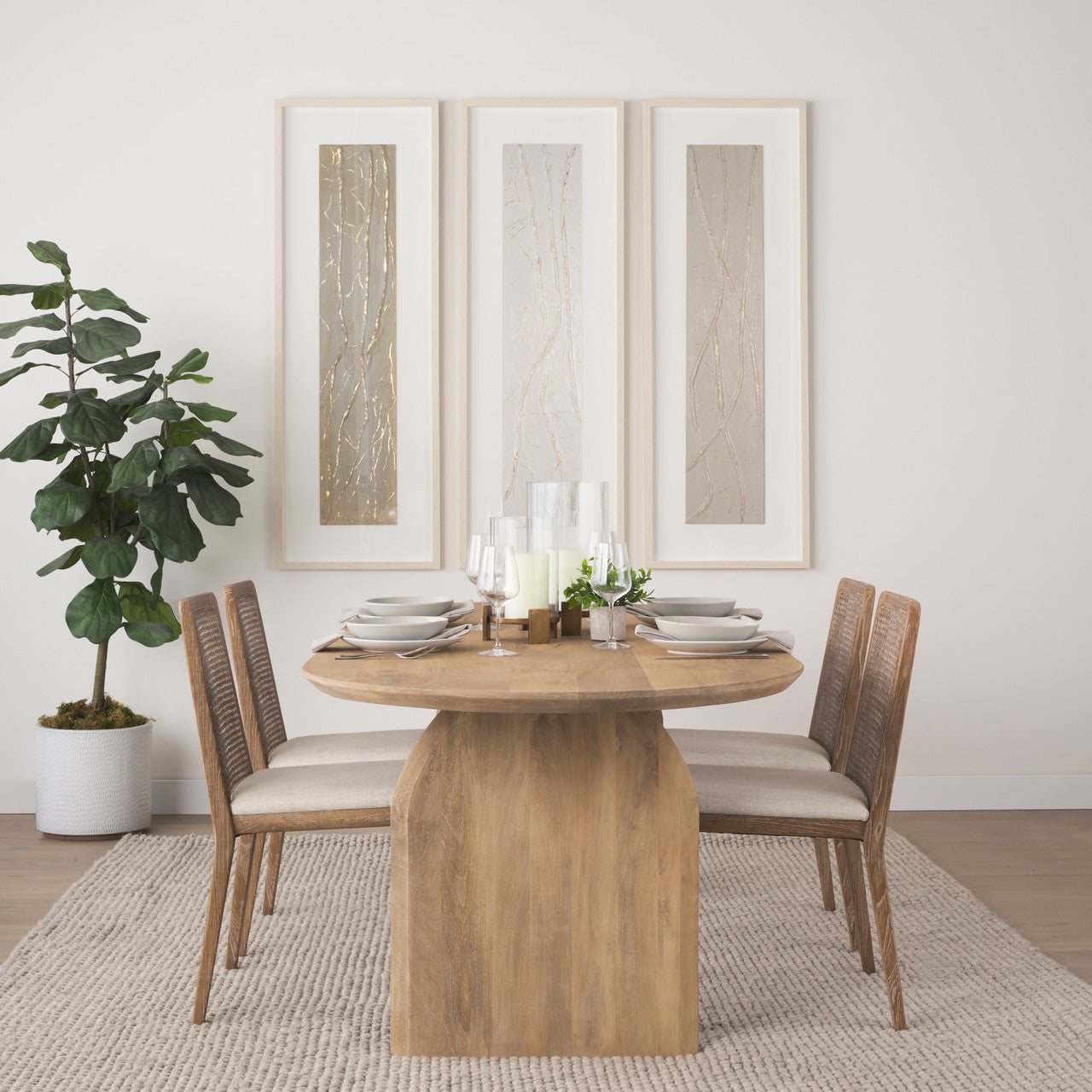 Clara Light Brown Wood W/ Cream Fabric Seat and Cane Back Armless Dining Chair