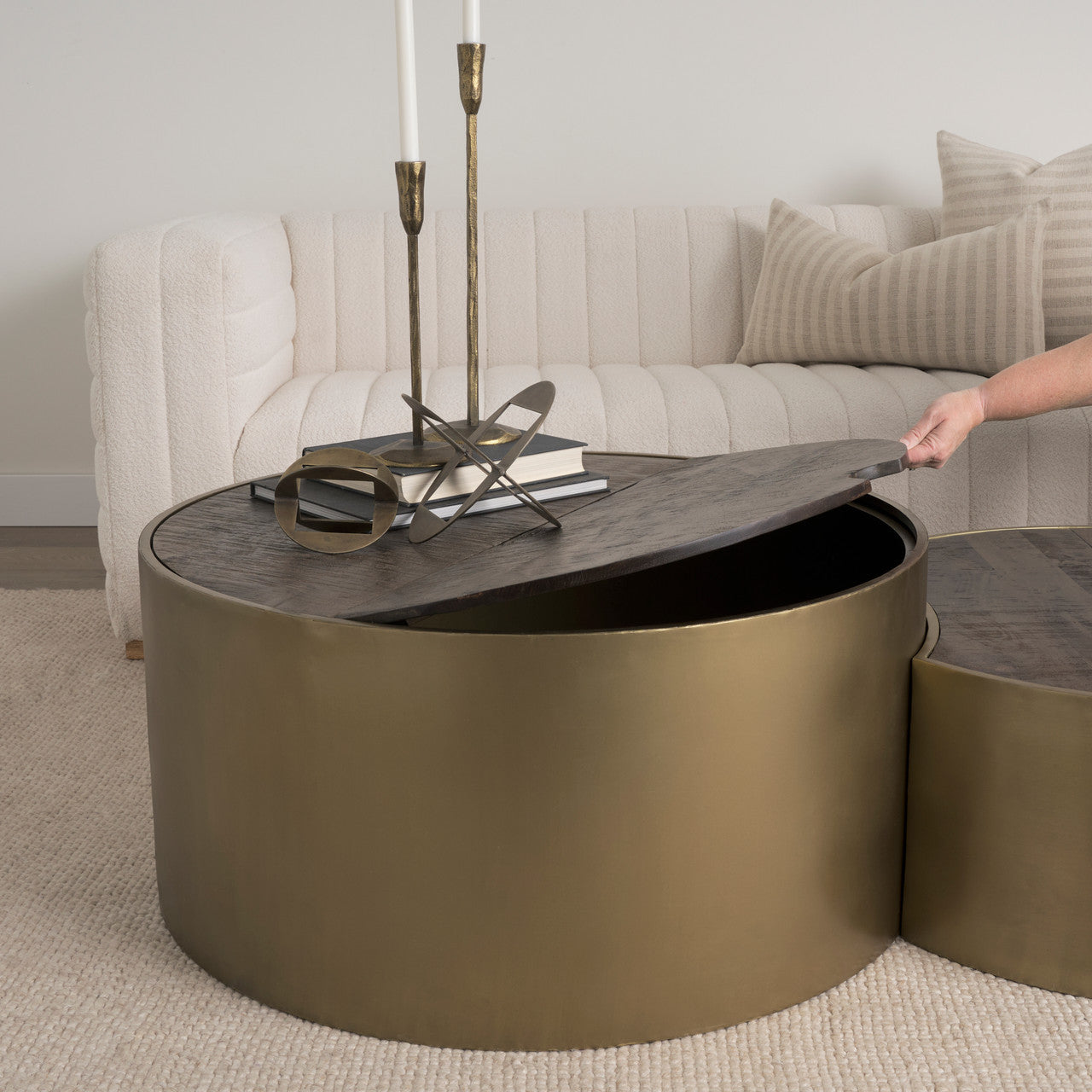 Eclipse Antique Brass Metal Drum Base w/ Dark Brown Wood Top Nested Coffee Table