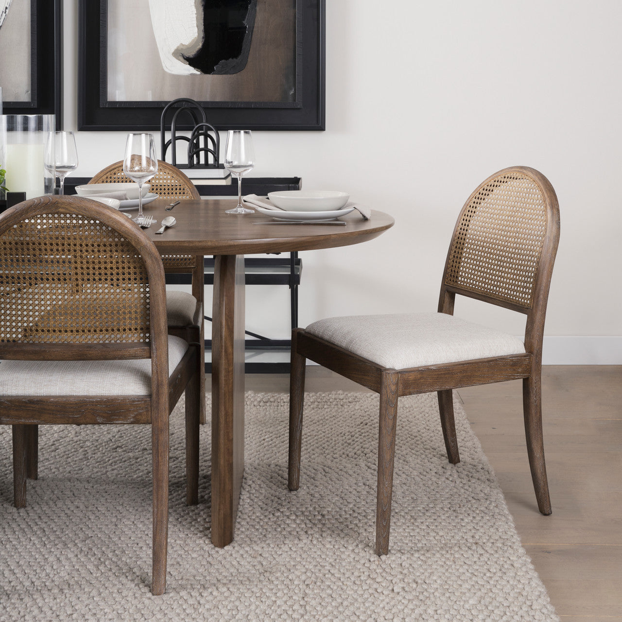 Elle Rounded Caneback Medium Brown Wood W/ Oatmeal Fabric Dining Chair