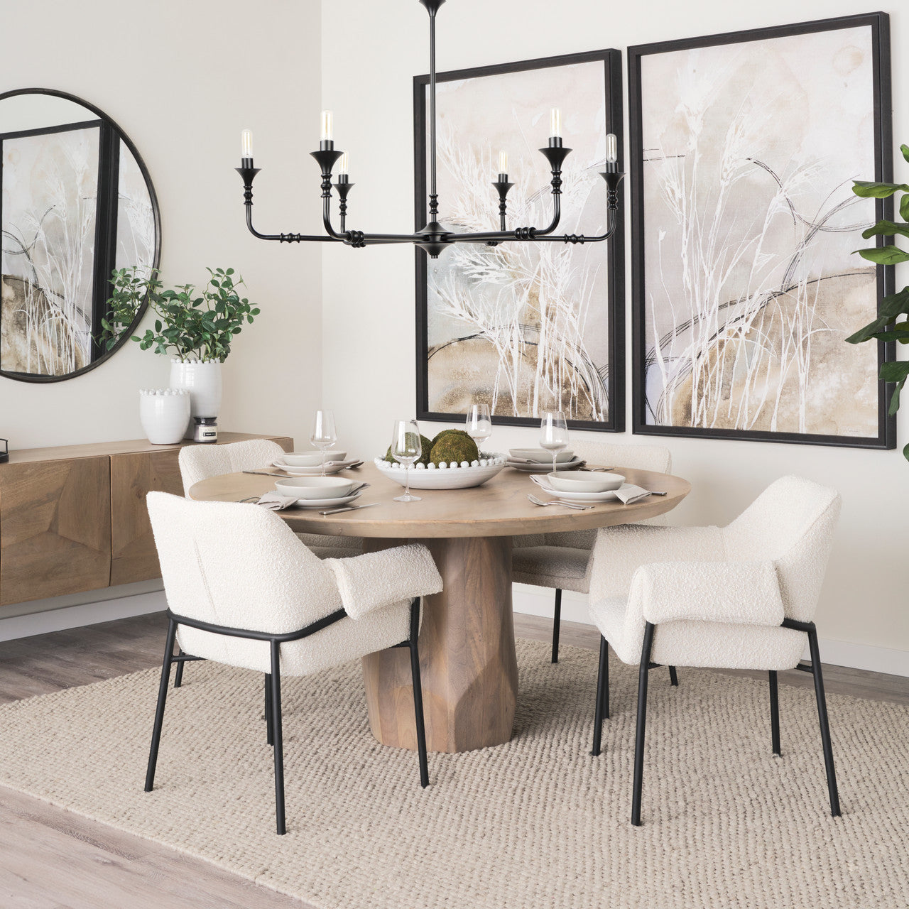 Brently Dining Chair w/ Cream Boucle Fabric & Matte Black Metal Legs